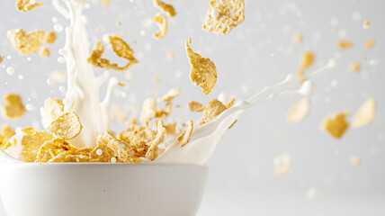 Cornflakes and milk splashing out of a white bowl against a light background.