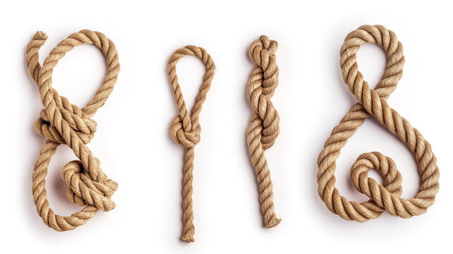 Four different types of knots made from natural rope on a white background.