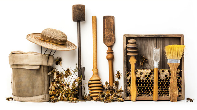 Beekeeping equipment and bees displayed: smoker, hat, wooden tools, brush, honeycomb frame.