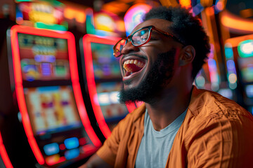 African American young adult male totally excited and happy for winning money on a slot machine in a casino. Generative Ai.