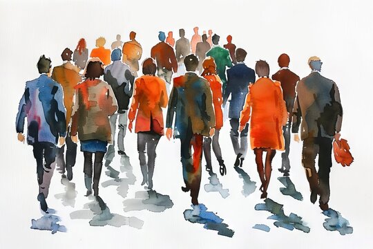 crowd of business people walking watercolor illustration sketch