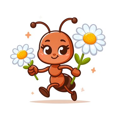Cartoon ant character isolated vector. Cute and funny insect clipart.  Childish termite mascot walking with chamomile flower