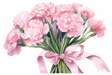 Bouquet of pink carnation flowers with ribbon. Watercolor illustration.