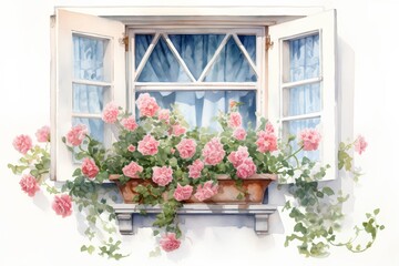 Watercolor painting of a window with pink roses on a white background