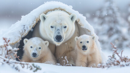 Mother Polar Bear with Cubs in Snowy Den