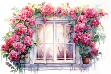 Fototapeta na wymiar Watercolor window with pink bougainvillea flowers. Hand drawn illustration