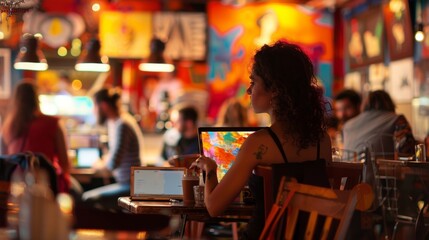 In a bustling coffee shop a woman sits lost in concentration as she paints vibrant strokes onto a canvas surrounded by blurred figures typing away on their laptops or catching up with .