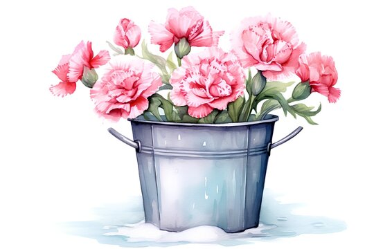 Bucket with pink carnation flowers. Watercolor hand drawn illustration