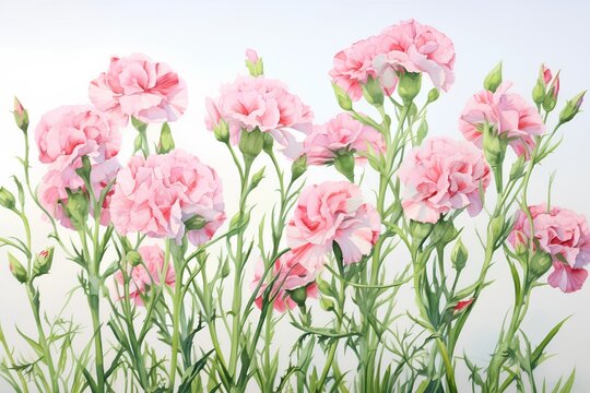 Watercolor bouquet of pink carnation flowers on white background.