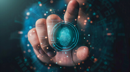 A person using thumb to scan finger print to access security system inclduing banking, cloud system etc.
