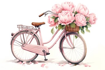 Bicycle with a basket of peony flowers on a white background