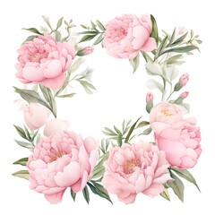 Watercolor peonies wreath isolated on white background. Floral design elements.
