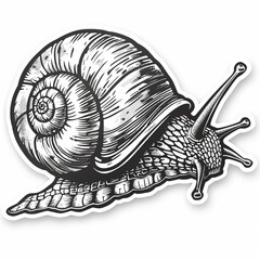 A black and white snail with a spiral shell.