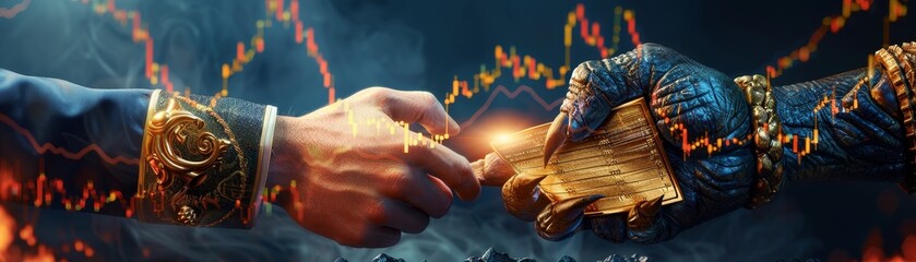 Devil shaking hands with a businessperson, holding a golden contract with a falling stock chart, Symbolizing a deal with the devil and the consequences of greed - obrazy, fototapety, plakaty