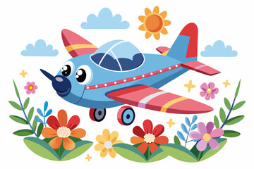 Obraz premium Charming cartoon aircraft soaring through a sky adorned with vibrant flowers.