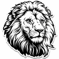 A grayscale illustration of a lion's head facing the viewer with a serious expression.