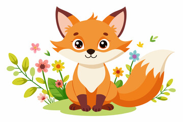 Fototapeta premium A charming cartoon fox with flowers adorns a whimsical background.