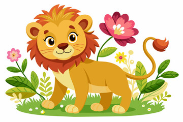 Charming cartoon lions adorned with flowers frolic amidst a vibrant backdrop.