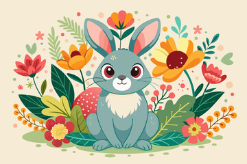 Charming cartoon rabbit adorned with vibrant flowers