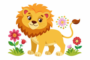 Charming cartoon lions with colorful flowers decorate the background.