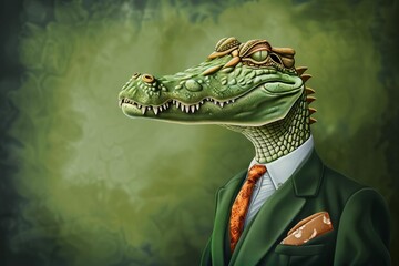 dapper crocodile in formal business suit anthropomorphic animal character digital illustration - obrazy, fototapety, plakaty