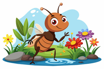 A charming ant cartoon character adorned with flowers on a white background.