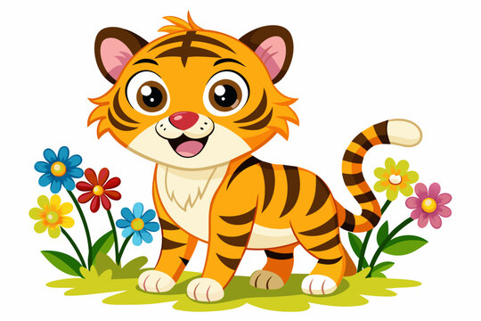A charming cartoon tiger with flowers adorns the scene.