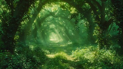 Mystical green forest with a ray of sunlight shining through the trees.