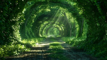 Fototapeta premium Mystical green forest path with overgrown trees and a bright light at the end of the tunnel