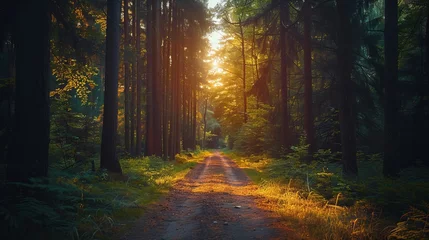 Fototapeten Dirt road through a dense green forest with sunlight filtering through the trees © RECARTFRAME CH
