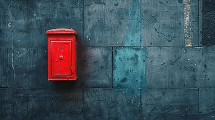 Vintage red postbox mounted on an old blue concrete wall in a charming vintage setting. - obrazy, fototapety, plakaty
