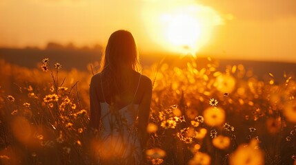 Young woman admiring the stunning view of a colorful, flower-filled meadow at sunset - obrazy, fototapety, plakaty