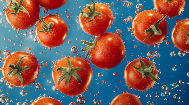 The image depicts lush, juicy tomatoes with sparkling water beads