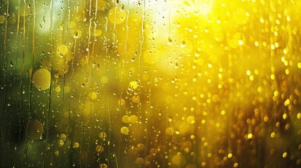Water droplets on a windowpane with a bright yellow blurred background - obrazy, fototapety, plakaty