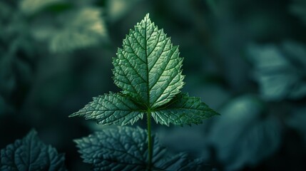 Close-up of a vibrant green leaf with serrated edges on a textured background in a natural setting - obrazy, fototapety, plakaty