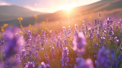 Beautiful Lavender Field at Sunset with Mesmerizing Purple Flowers in Full Bloom - obrazy, fototapety, plakaty