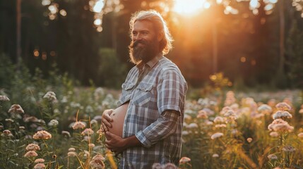 Smiling bearded man with long hair caressing his pregnant belly in a meadow at sunset - obrazy, fototapety, plakaty