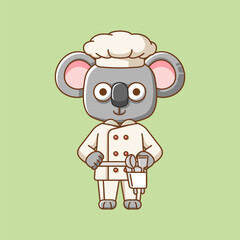 Cute koala chef cook serve food animal chibi character mascot icon flat line art style illustration concept cartoon