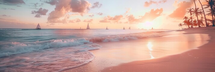Evening seascape with palm trees and sailboats on the horizon in the distance under a setting sun - obrazy, fototapety, plakaty