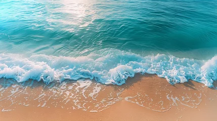 Zelfklevend Fotobehang Tranquil Blue Ocean Waves Gently Lapping Sandy Beach, Relaxing Coastal View © RECARTFRAME CH