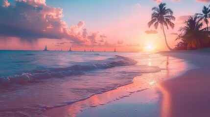Tranquil evening on the beach with palm trees and a stunning pink sunset over the sea