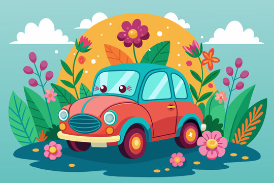 Charming auto cartoon with flowers adorns a white background.