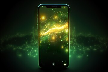 yellow and green smartphone, bioluminescent, bright luminescence white light, made out of light beams, bubbles, particles, sparkles, glitch
