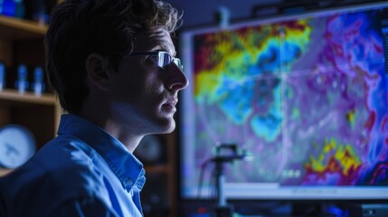 A focused meteorologist stands in the center of his lab intently studying a colorful map of weather patterns displayed on a large computer screen. Behind him shelves are lined with . - obrazy, fototapety, plakaty