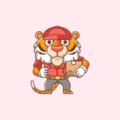 Cute tiger courier package delivery animal chibi character mascot icon flat line art style illustration concept cartoon set collection