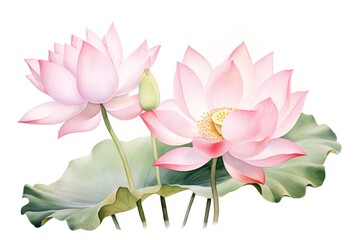 Pink lotus flowers and leaves isolated on white background. Watercolor illustration.