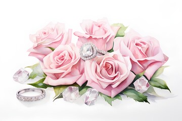 Wedding rings and bouquet of pink roses on white background