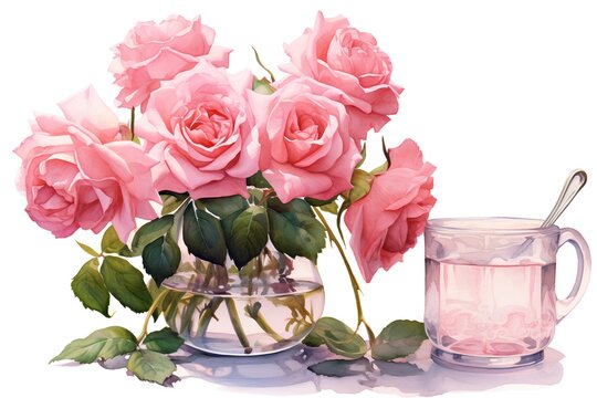 Watercolor illustration of a bouquet of pink roses in a glass vase and a cup of tea