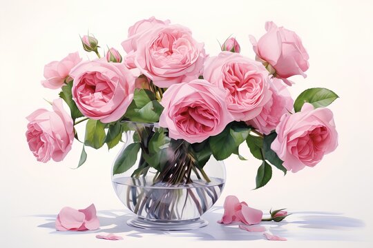 Bouquet of pink roses in a vase on a white background