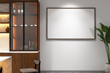 3d rendering of pantry interior with island table and frame mock up. Concrete cement floor with white marble and wooden cabinet. Set 7